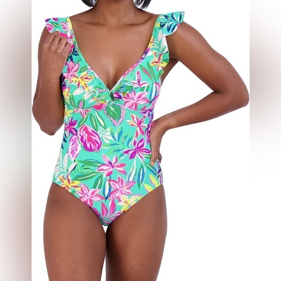 Floral Ruffle One Piece Swimsuit Tropical Print Bathing Suit Stella Park KL3TM16 - Picture 1 of 10